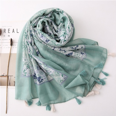 Elegant Blue Floral Border Pattern Printed Fringe Ladies Silk Scarf