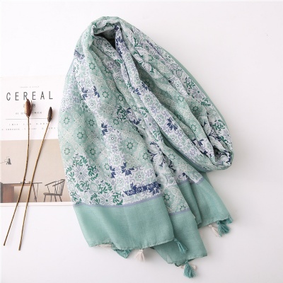 Elegant Blue Floral Border Pattern Printed Fringe Ladies Silk Scarf