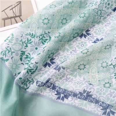 Elegant Blue Floral Border Pattern Printed Fringe Ladies Silk Scarf
