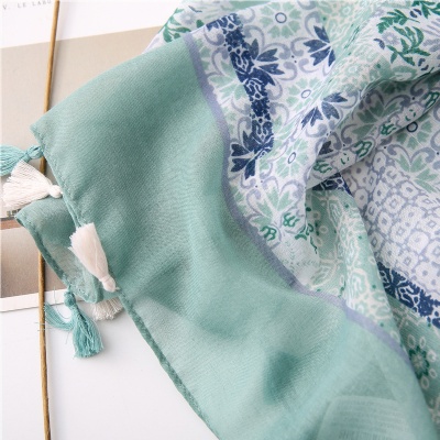Elegant Blue Floral Border Pattern Printed Fringe Ladies Silk Scarf