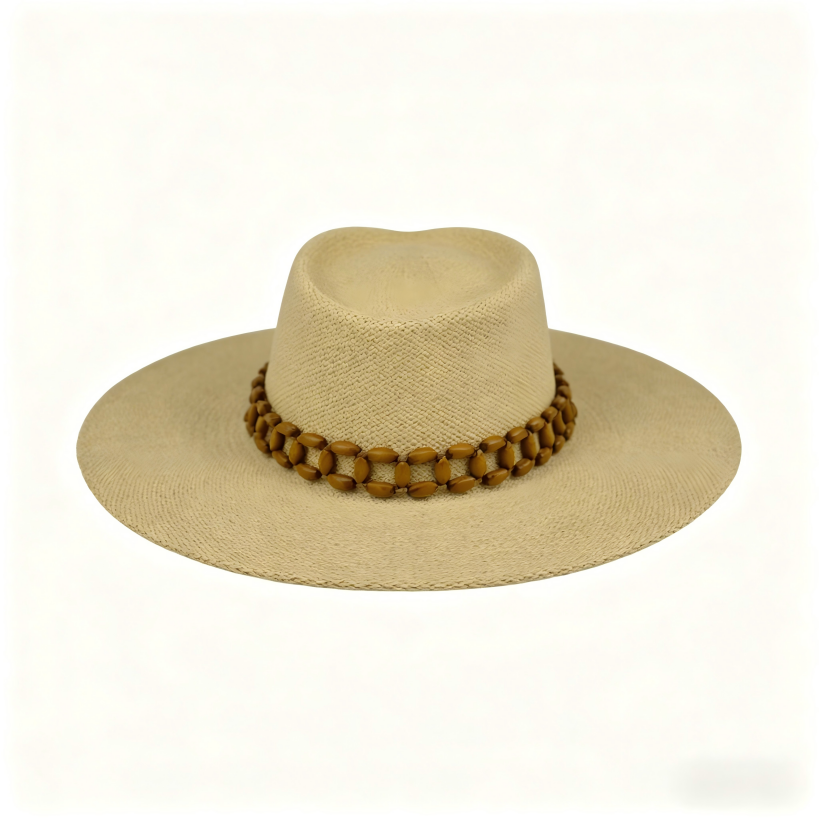Boho Straw Sun Hat with Wooden Beaded Band