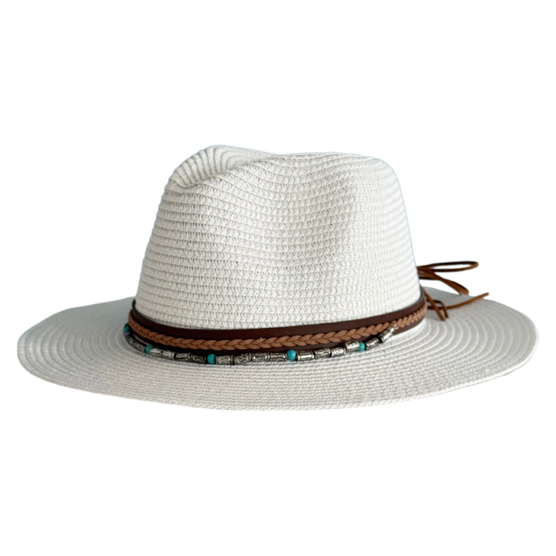 Bohemian Wide Brim Straw Fedora Turquoise Beaded Western Panama Sun Hat