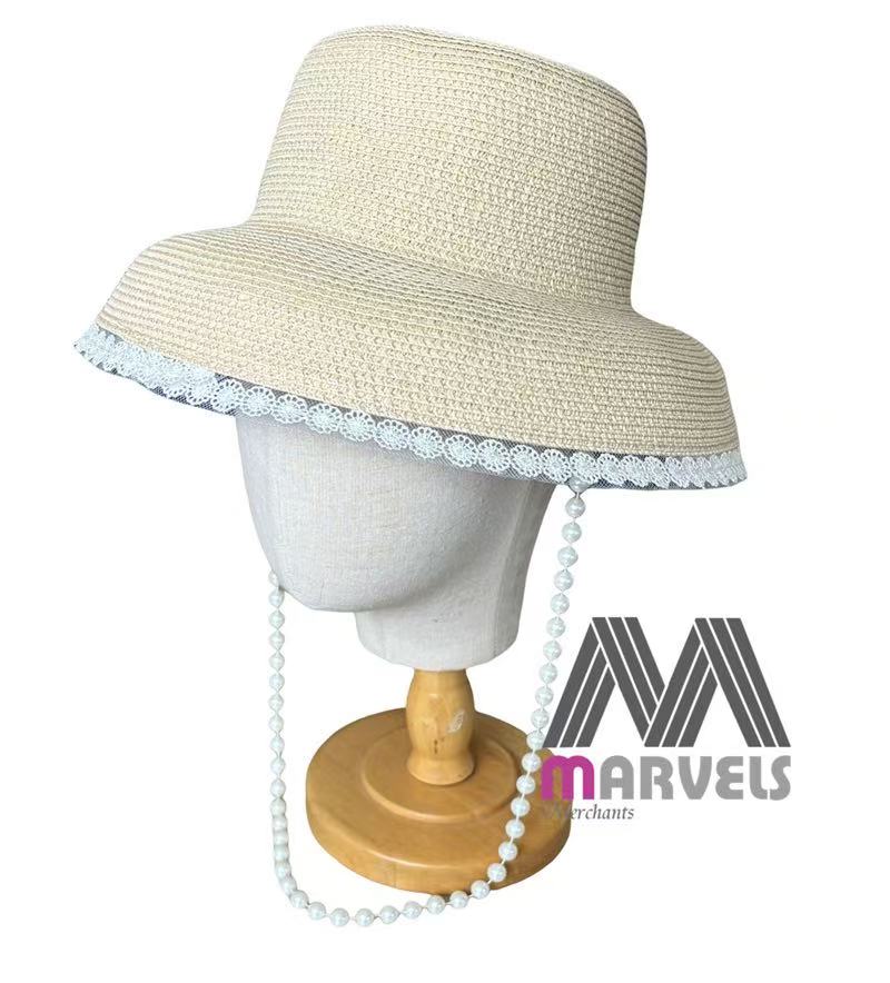 Vintage Style Straw Sun Hat with Lace Edge & Pearl Chin Strap for Summer Beach