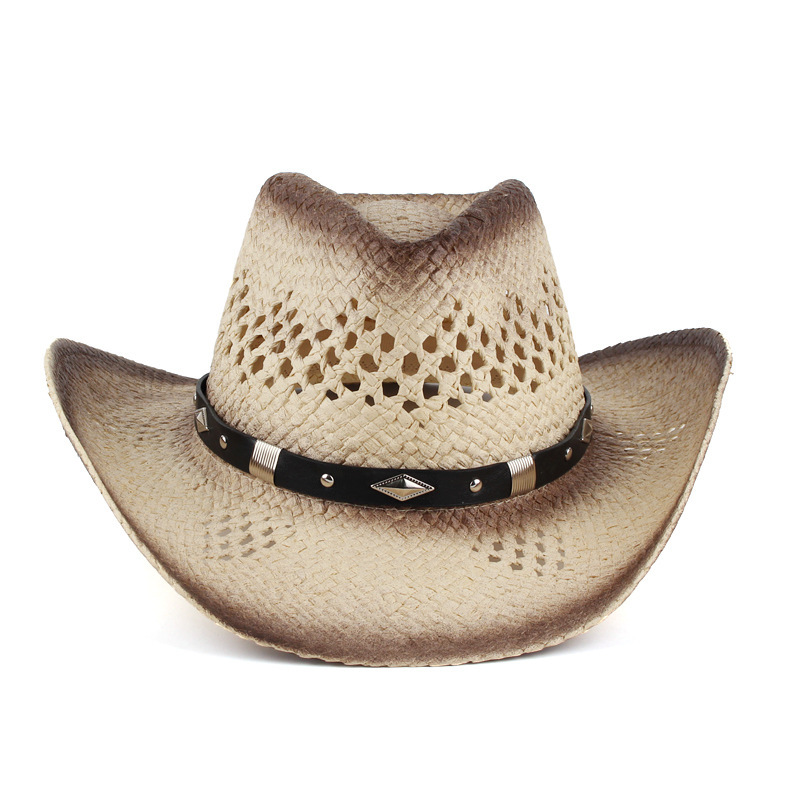 Men's Western Cowboy Straw Hat with Studded Leather Band