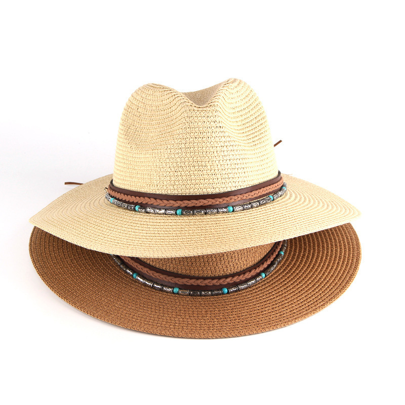 Bohemian Wide Brim Straw Fedora Turquoise Beaded Western Panama Sun Hat