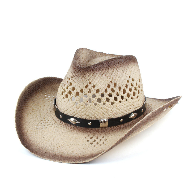 Men's Western Cowboy Straw Hat with Studded Leather Band