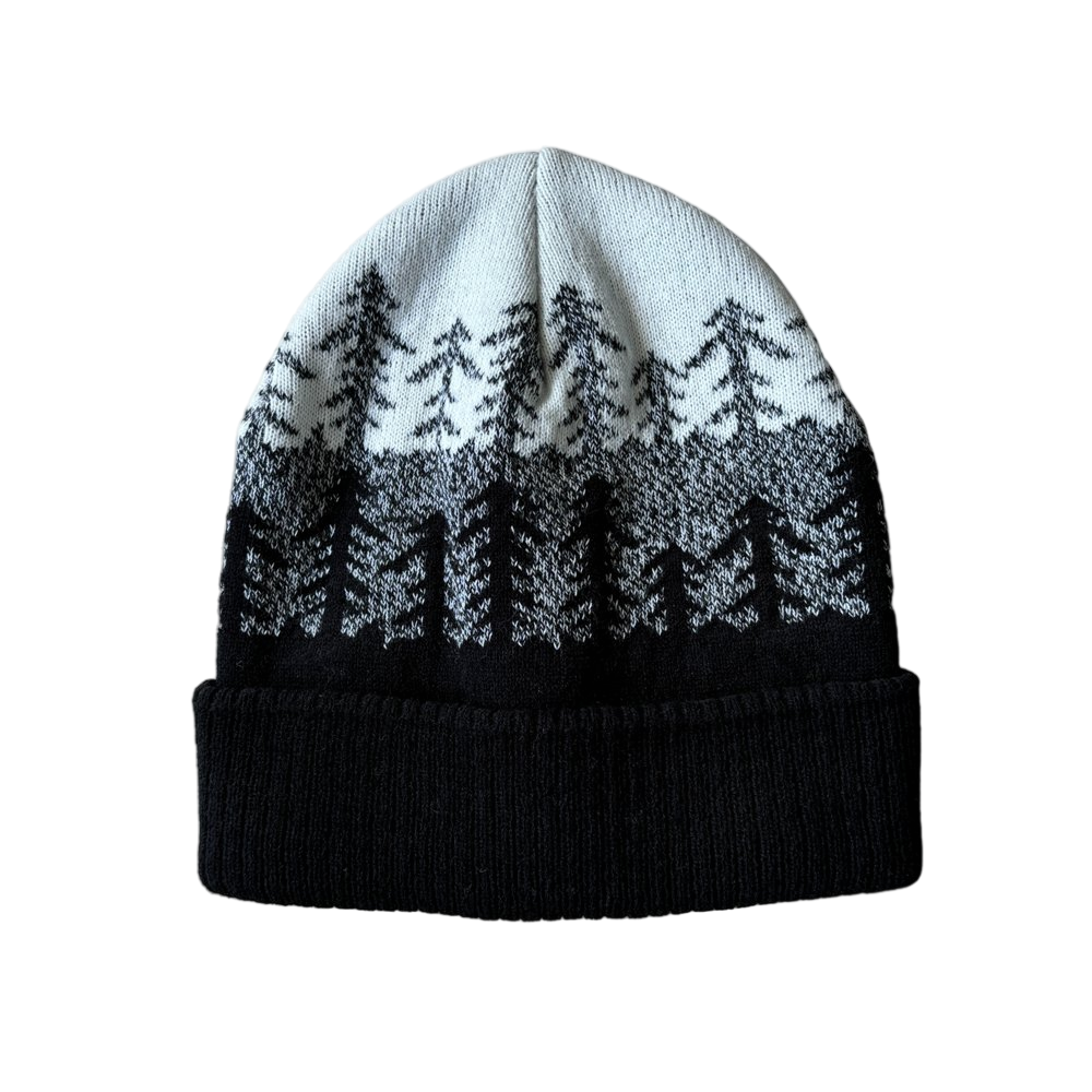 Woodland Pine Tree Pattern Knit Beanie Cuffed Hat for Outdoor Adventures