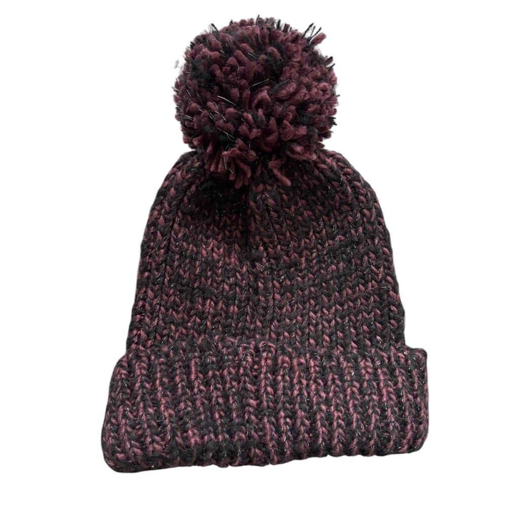Winter Burgundy Black Knit Beanie with Pom Pom