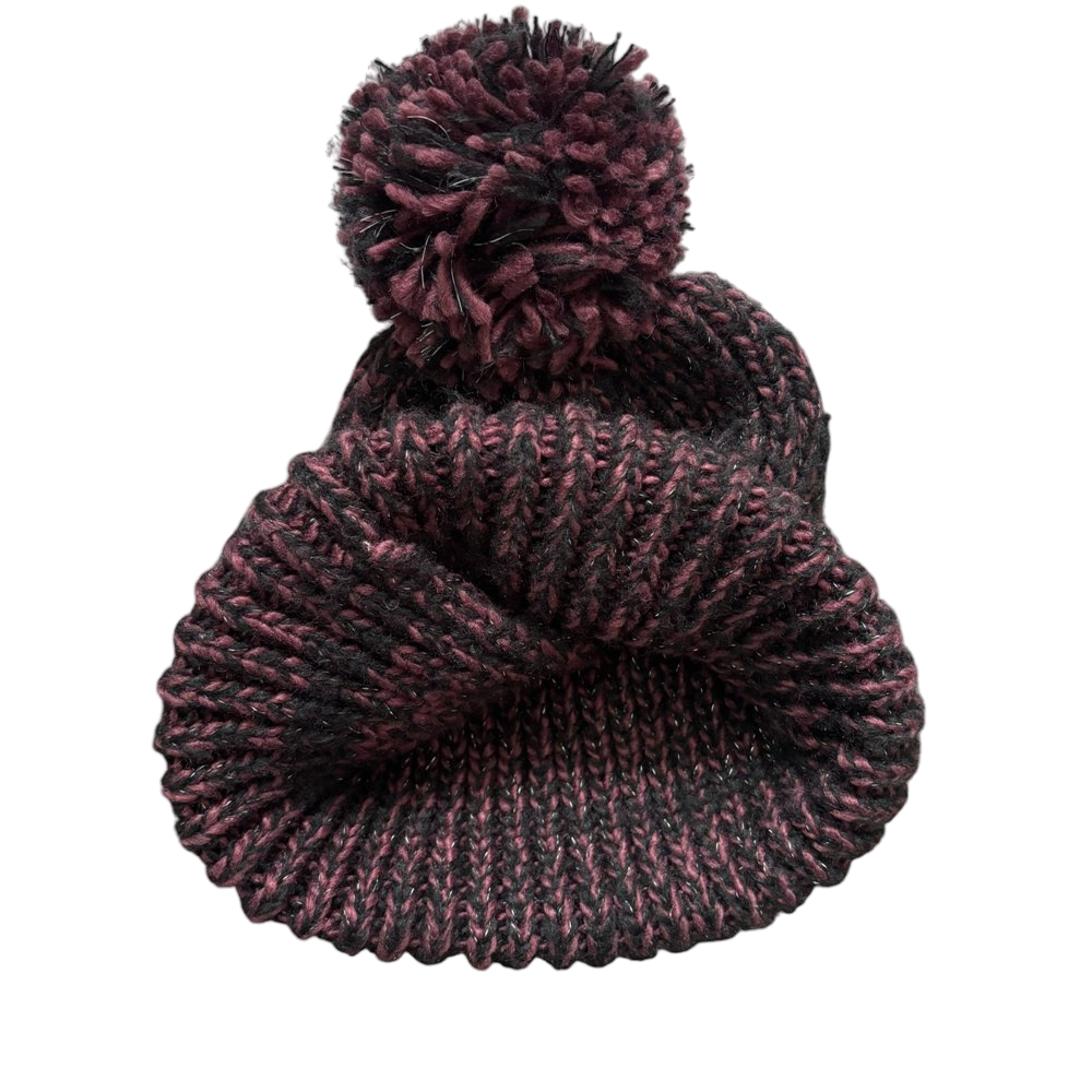 Winter Burgundy Black Knit Beanie with Pom Pom
