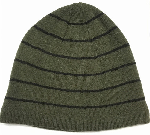 Olive Green Black Striped Knit Beanie No Cuff Winter Hat