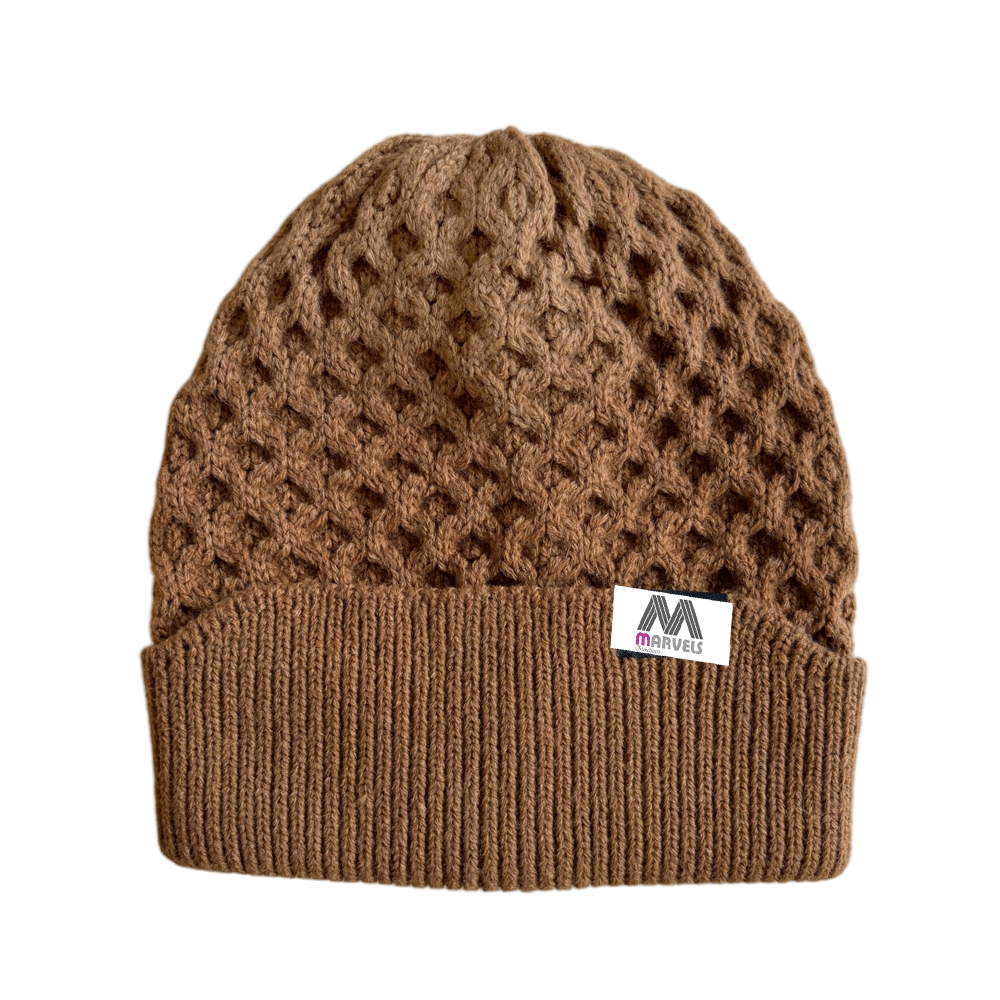 Unisex Brown Lattice Knit Cuffed Beanie