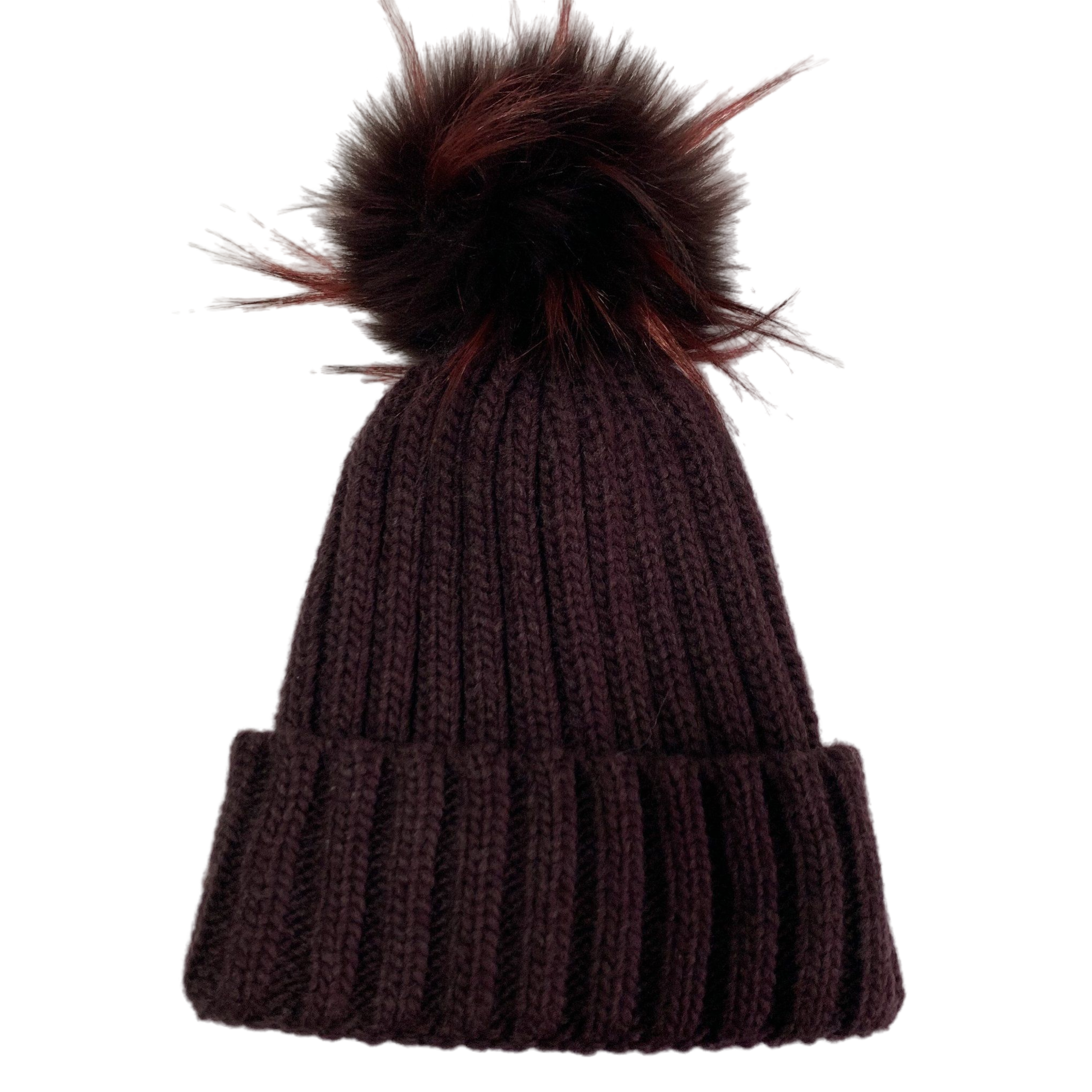 Chocolate Brown Knit Beanie with Burgundy Pom Pom for Winter