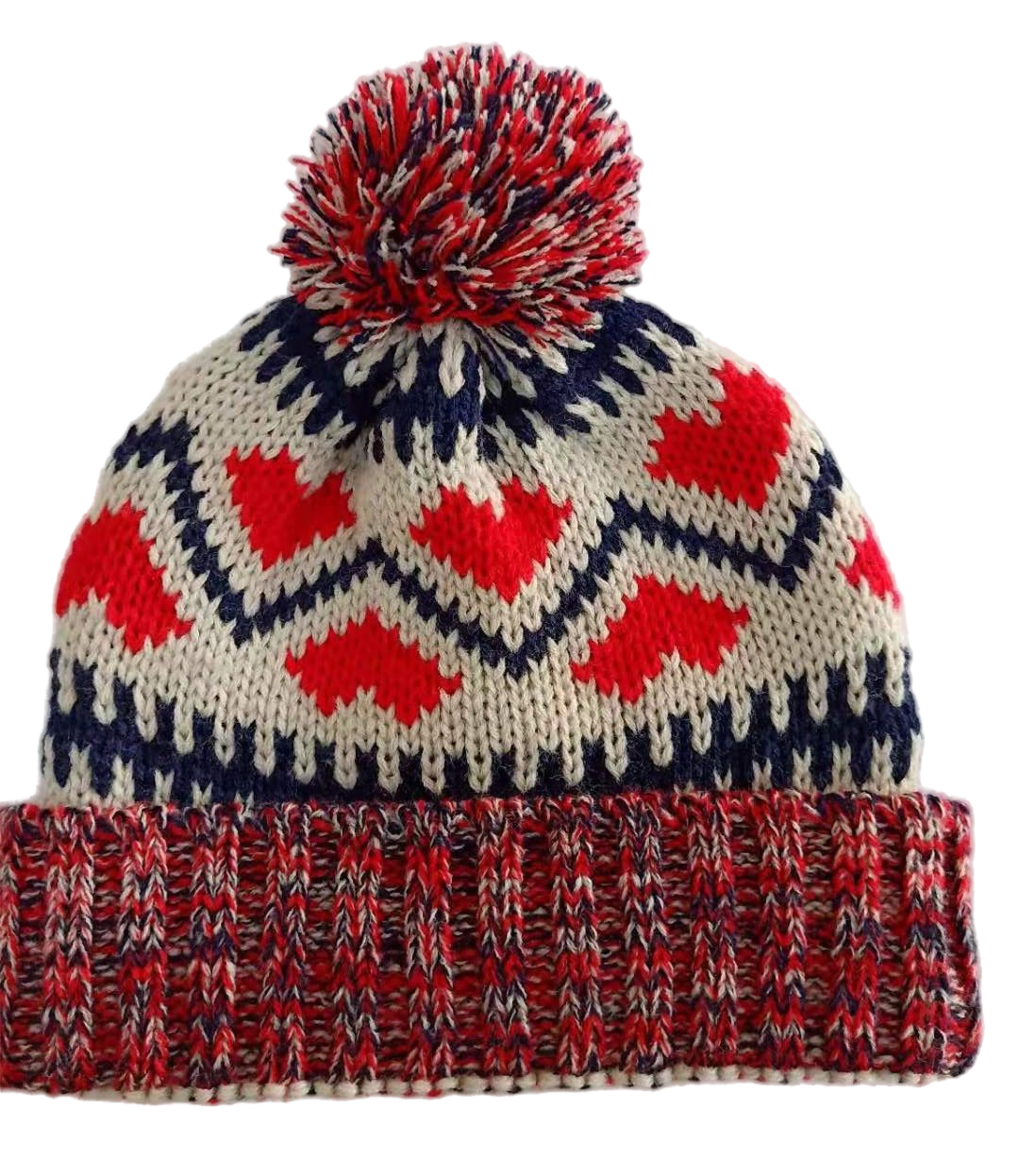 Women's Heart Pattern Fair Isle Pom Pom Beanie