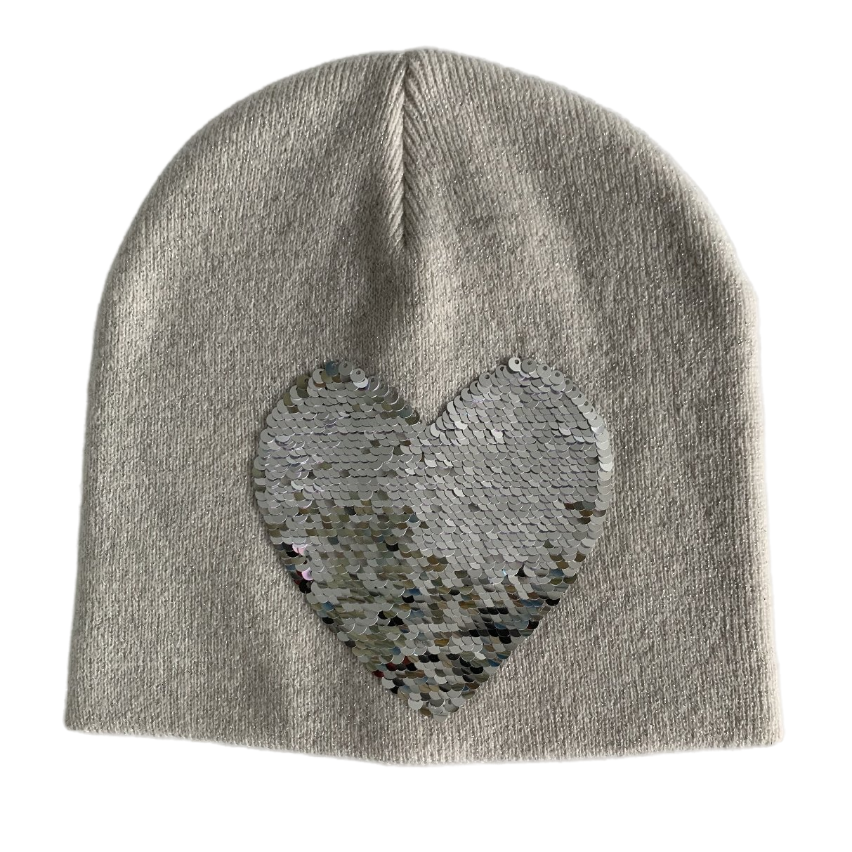 Light Gray Sequin Heart Knit Beanie