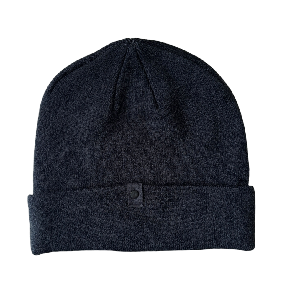 Black Knit Beanie Hat with Button Detail