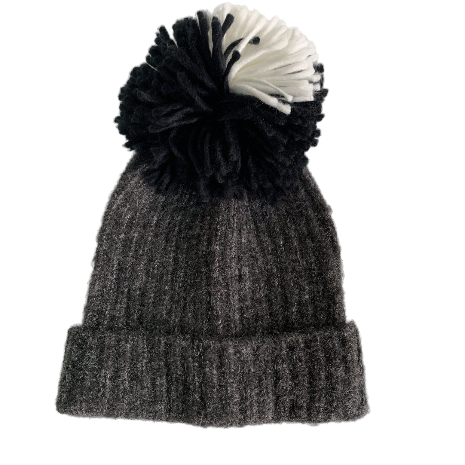 Charcoal Gray Chunky Knit Winter Hat with Ribbed Cuff Pom Pom Beanie