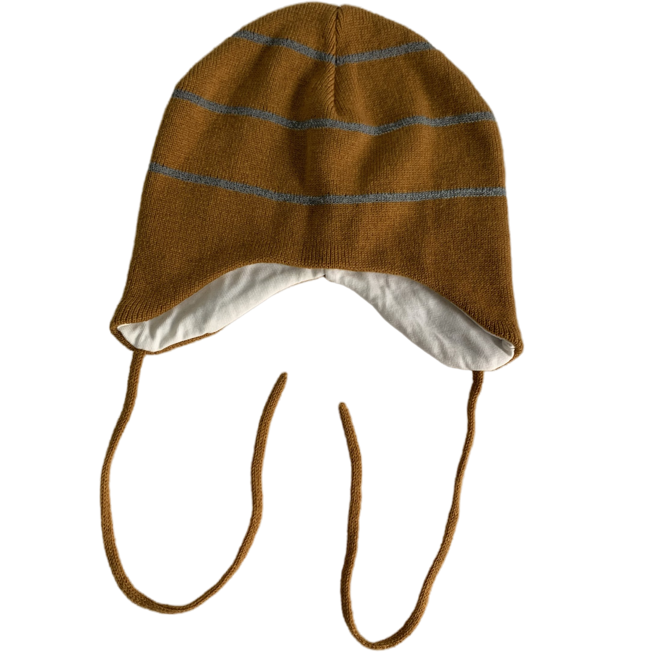 Caramel & Gray Striped Baby Earflap Hat Knit Beanie