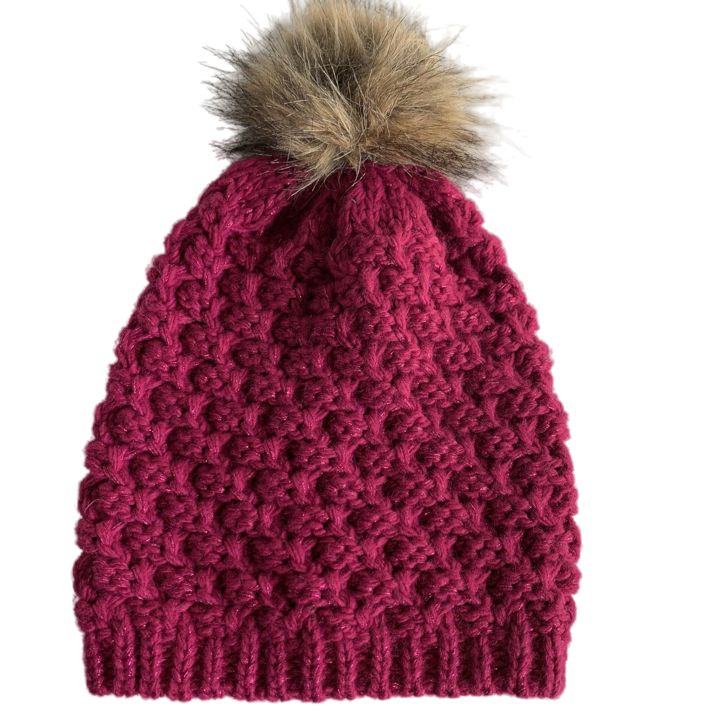 Women's Magenta Sparkly Knit Beanie with Faux Fur Pom Pom