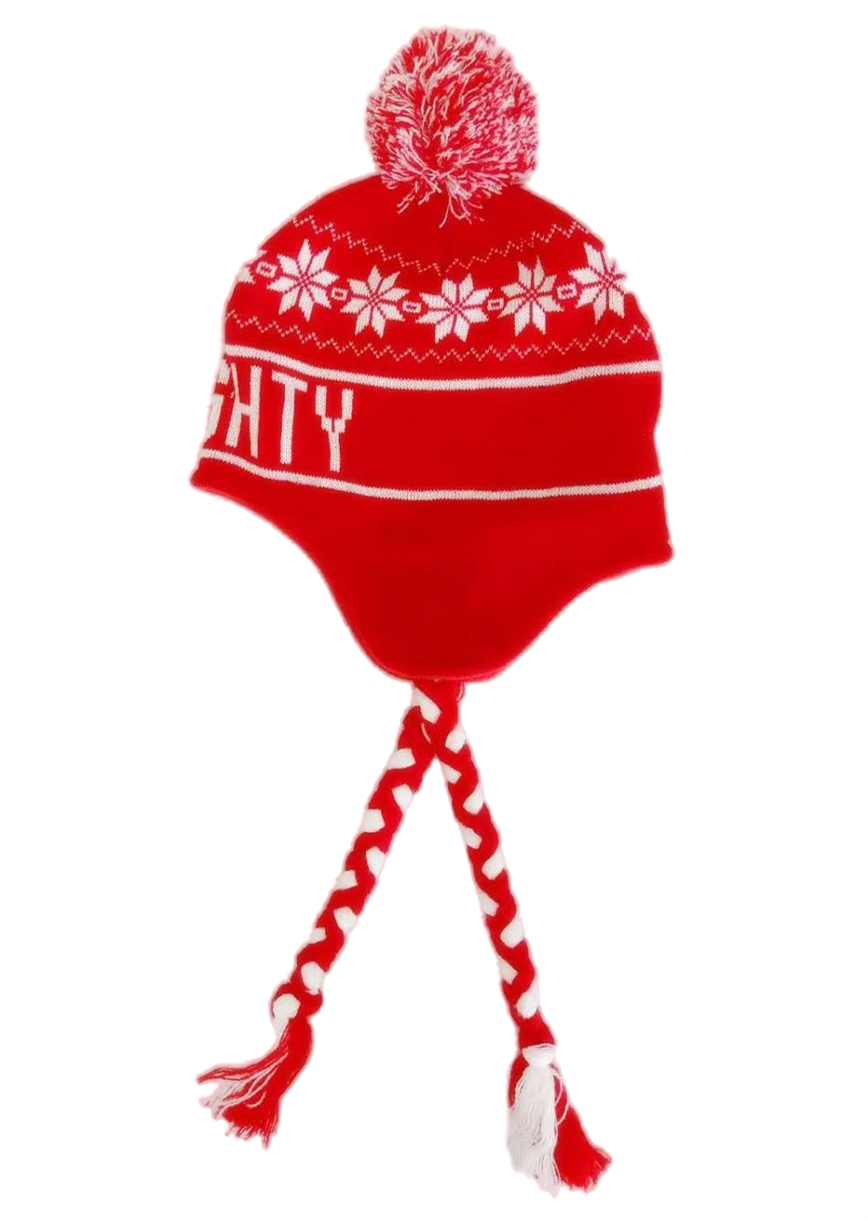 Red Fair Isle Snowflake Knit Earflap Beanie Christmas Winter Hat