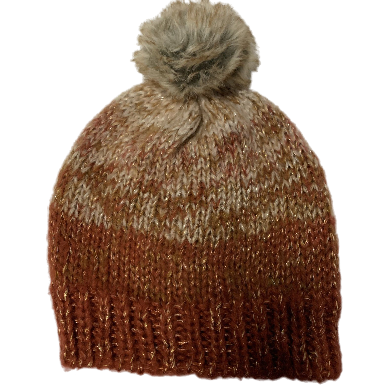 Gradient Ombre Knit Pom Pom Beanie with Shimmer Gold Thread