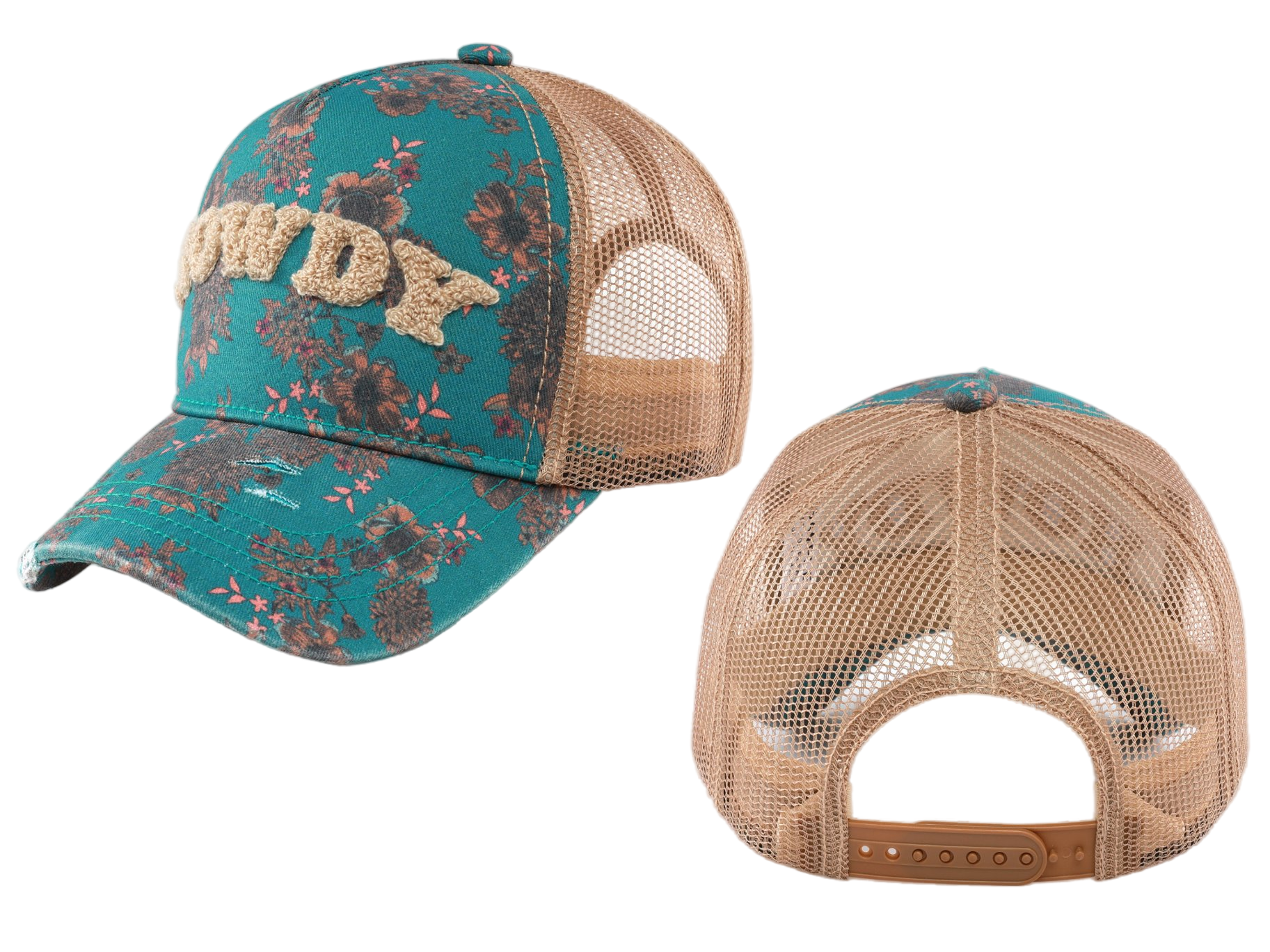 Teal Floral Print Mesh Baseball Cap