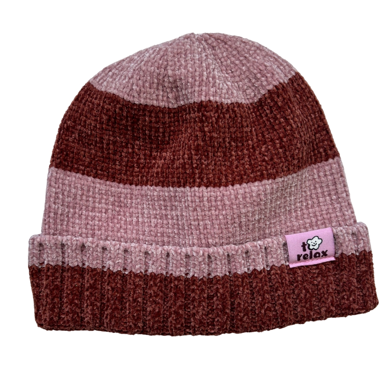Pink Brown Striped Soft Chenille Knit Winter Beanie Hat
