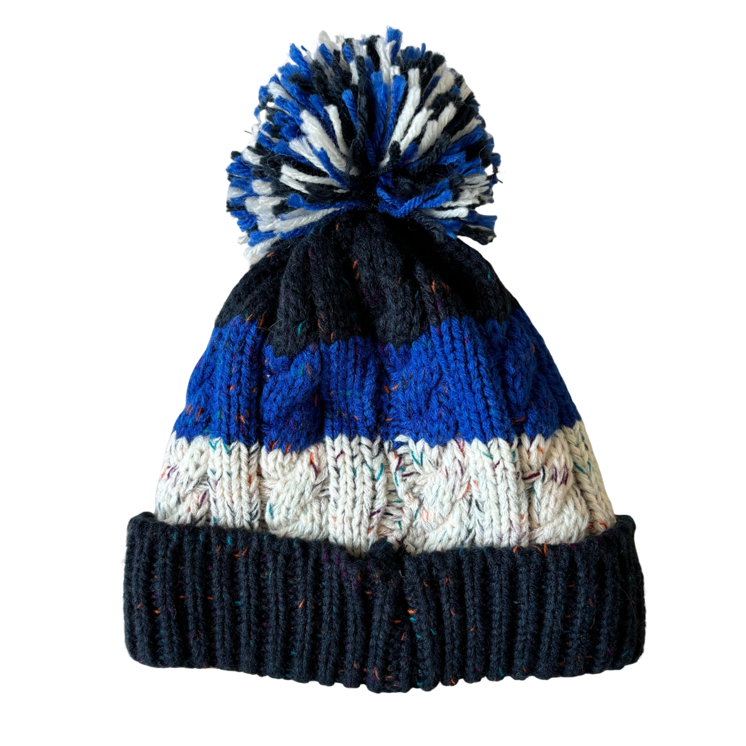 Blue White Black Color Block Cable Knit Beanie with Pom Pom