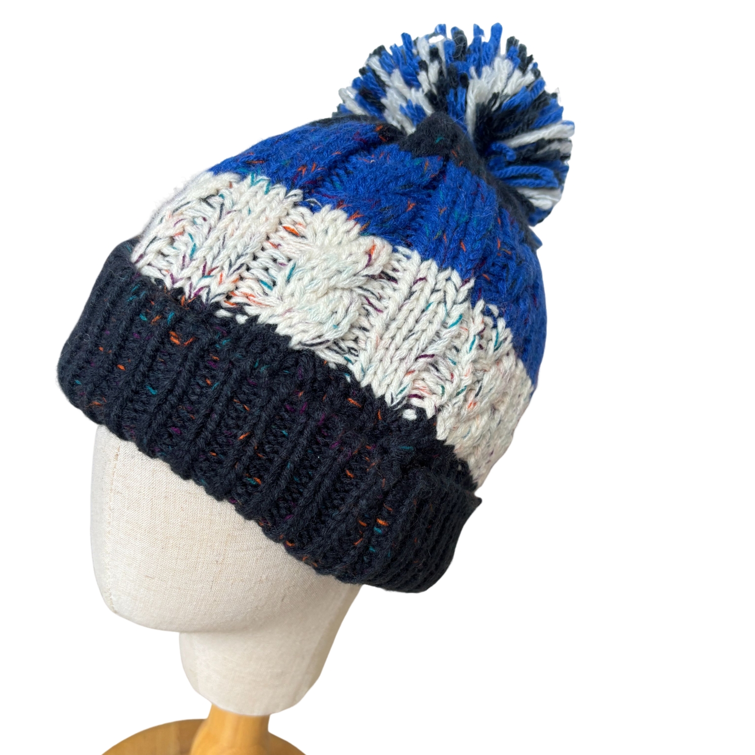 Blue White Black Color Block Cable Knit Beanie with Pom Pom