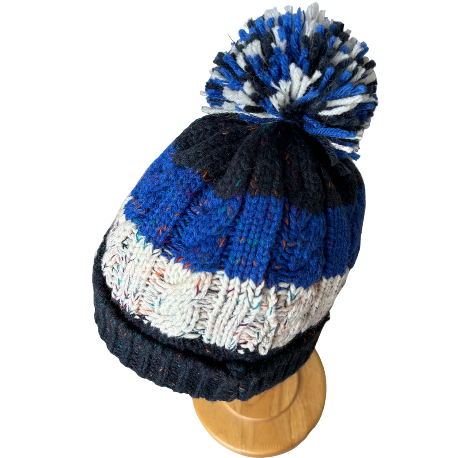 Blue White Black Color Block Cable Knit Beanie with Pom Pom