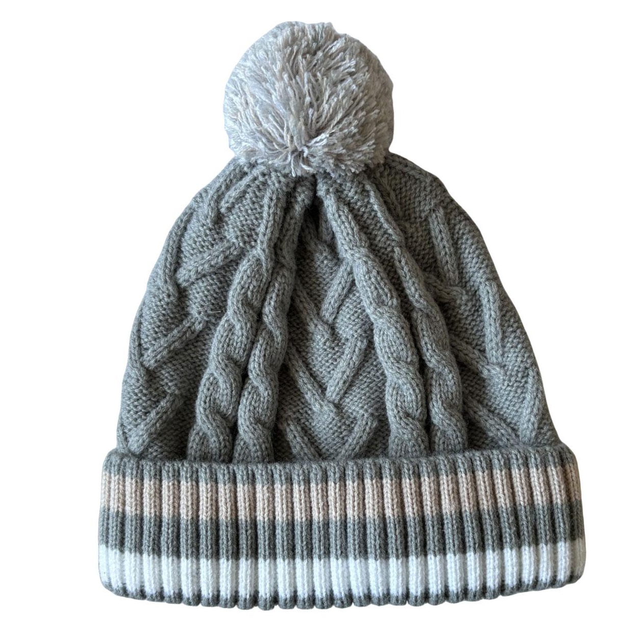 Women’s Grey Cable Knit Beanie with Pom Pom