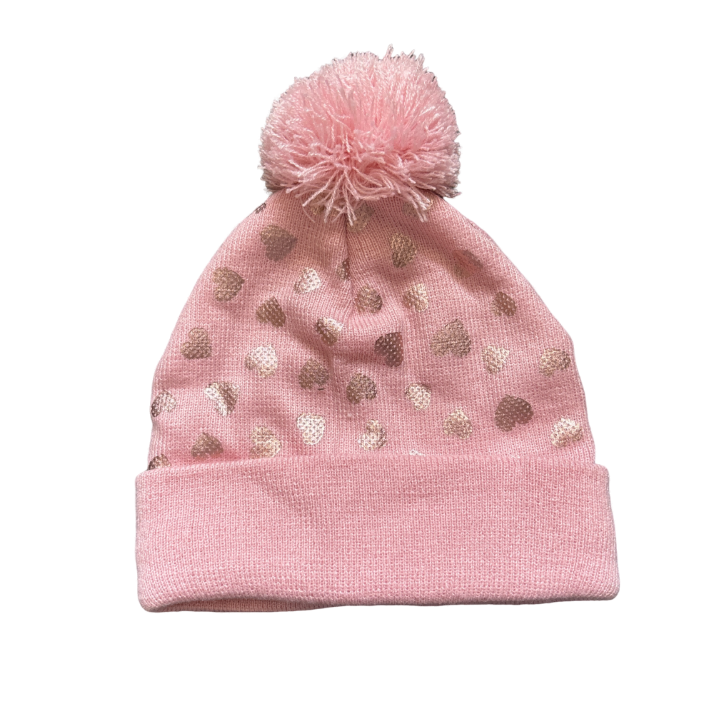 Kids Pink Shiny Gold Hearts Knit Beanie Hat with Pom Pom