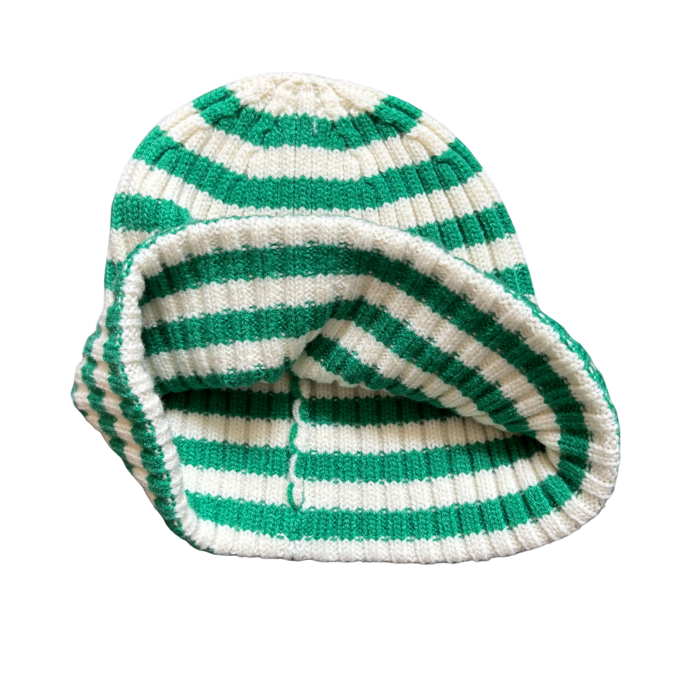 Green White Striped Knit Beanie with Cute Crab Embroidery
