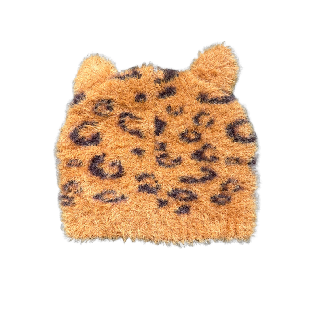Kids Leopard Print Fuzzy Beanie Hat with Cat Ears